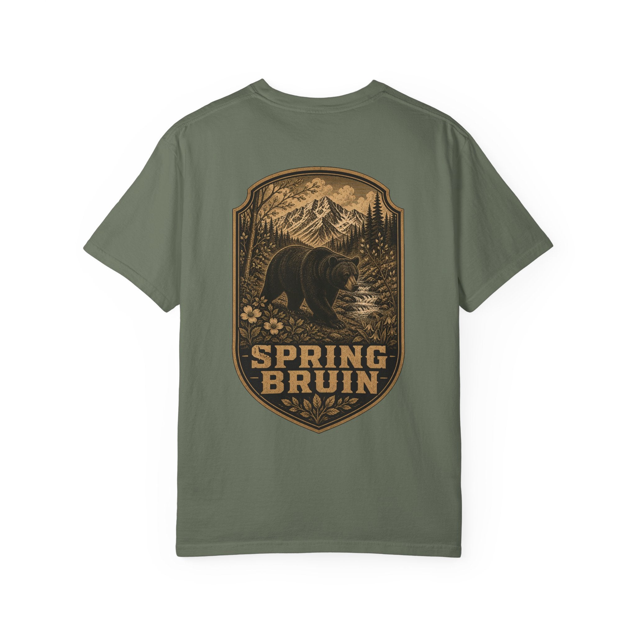 Spring Bruin bear graphic T-shirt | woodland mountain badge design