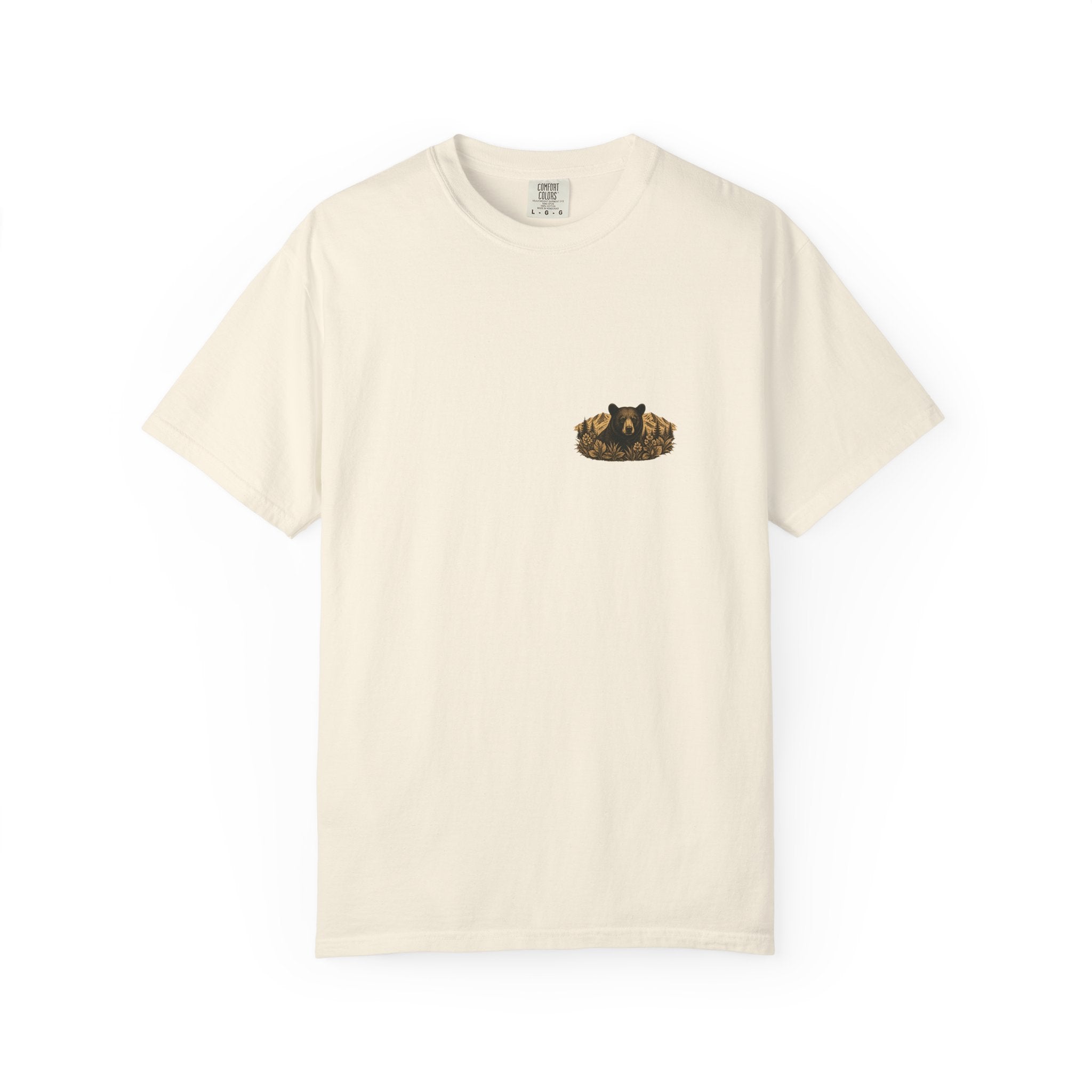 Spring Bruin bear graphic T-shirt | woodland mountain badge design