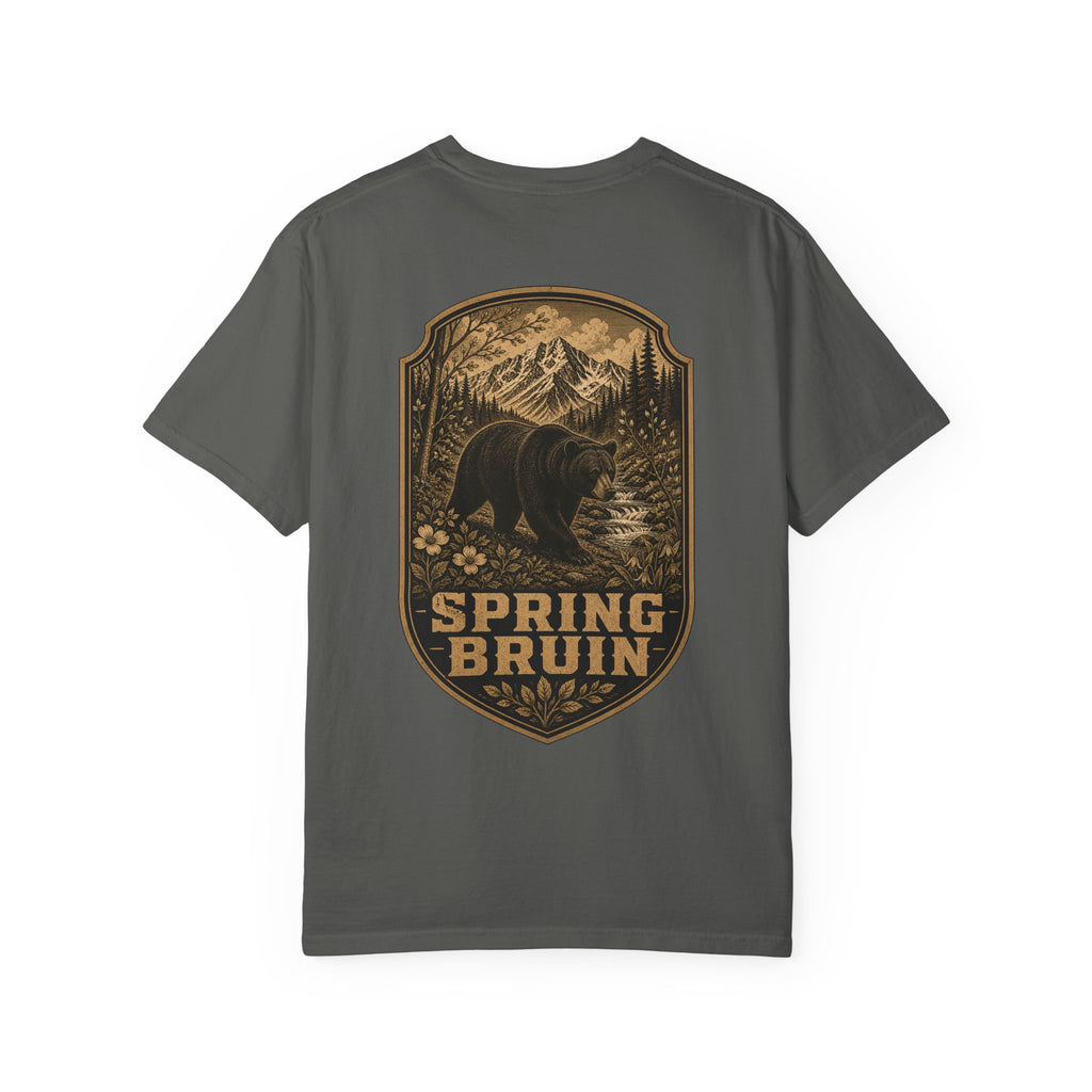 Spring Bruin bear graphic T-shirt | woodland mountain badge design