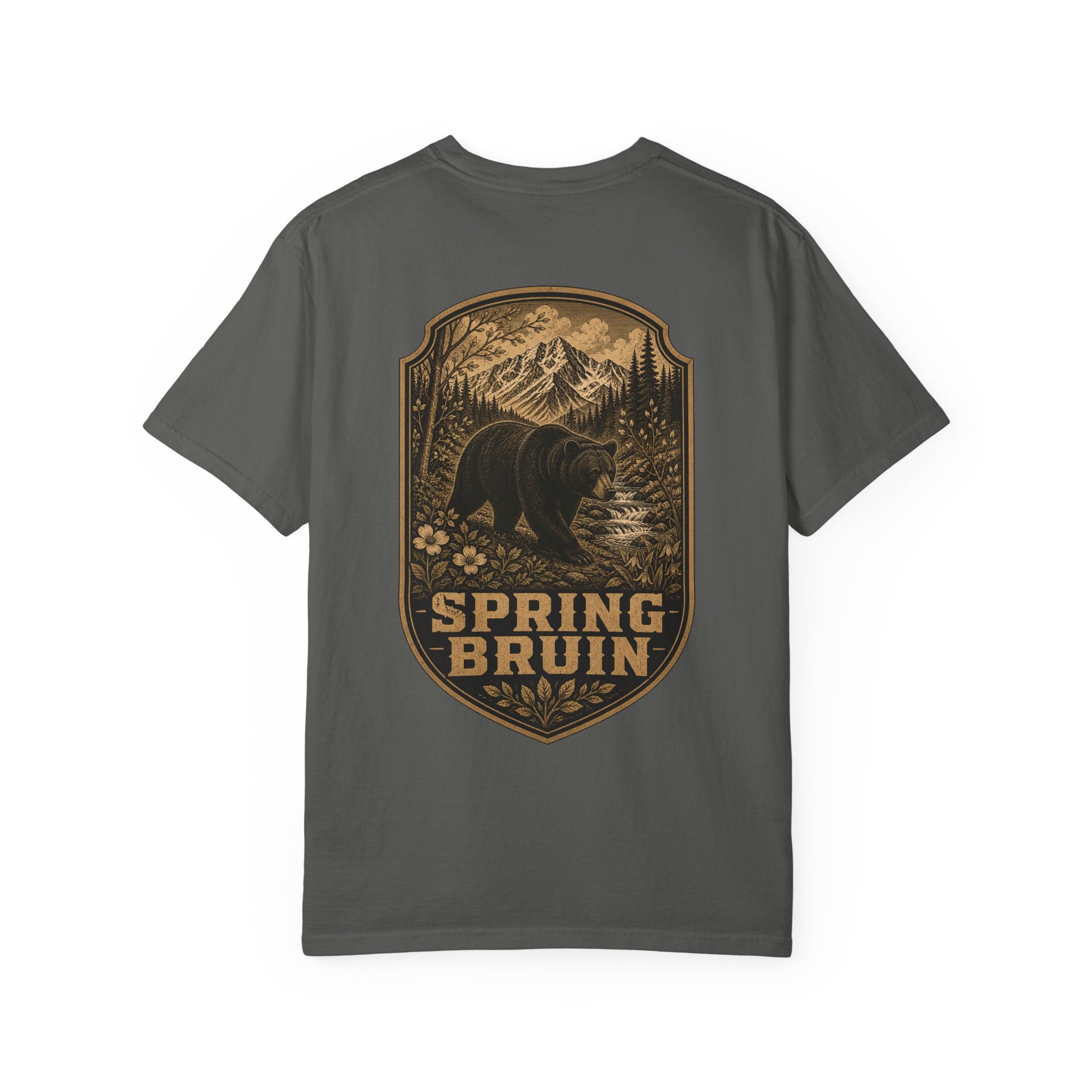 Spring Bruin bear graphic T-shirt | woodland mountain badge design