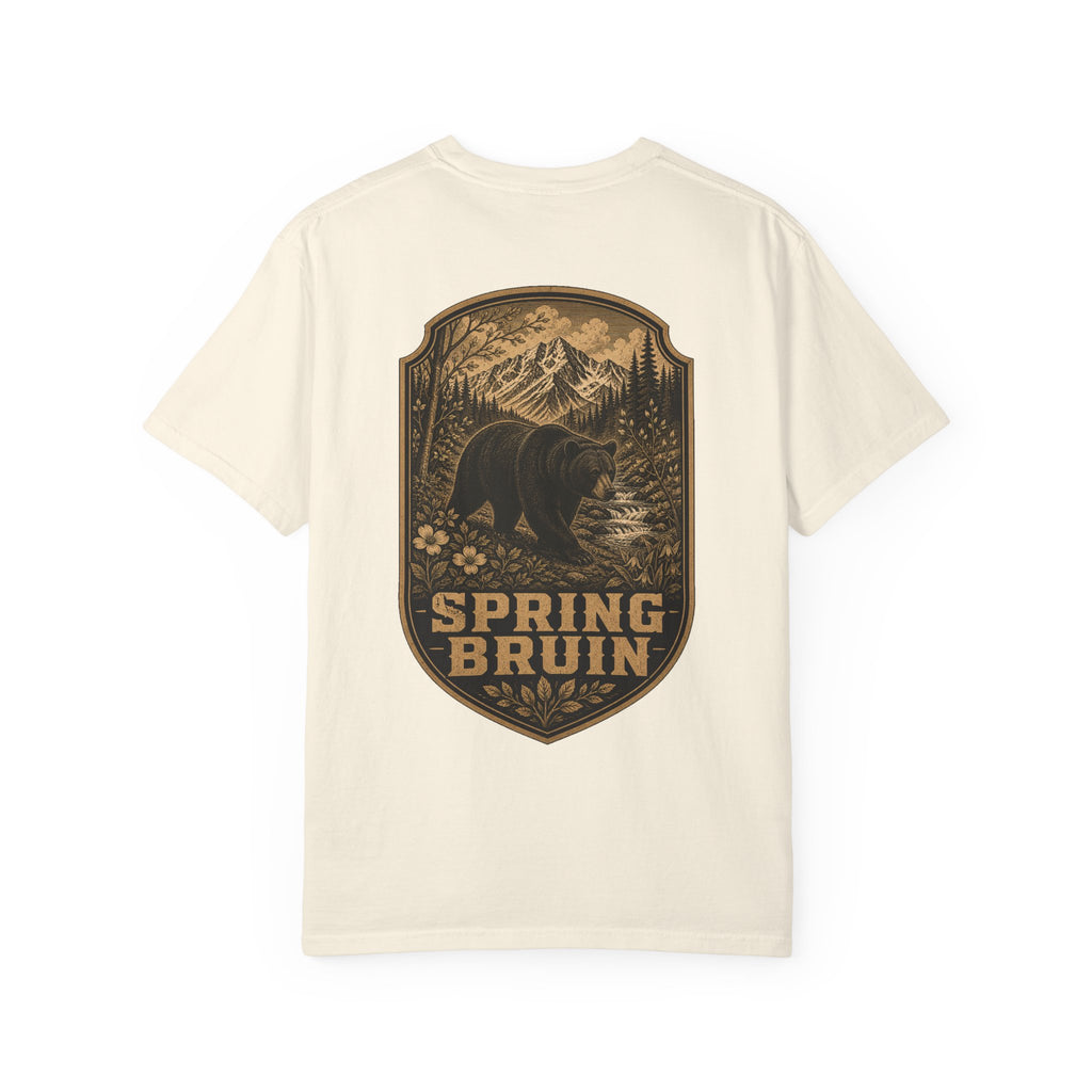 Spring Bruin bear graphic T-shirt | woodland mountain badge design