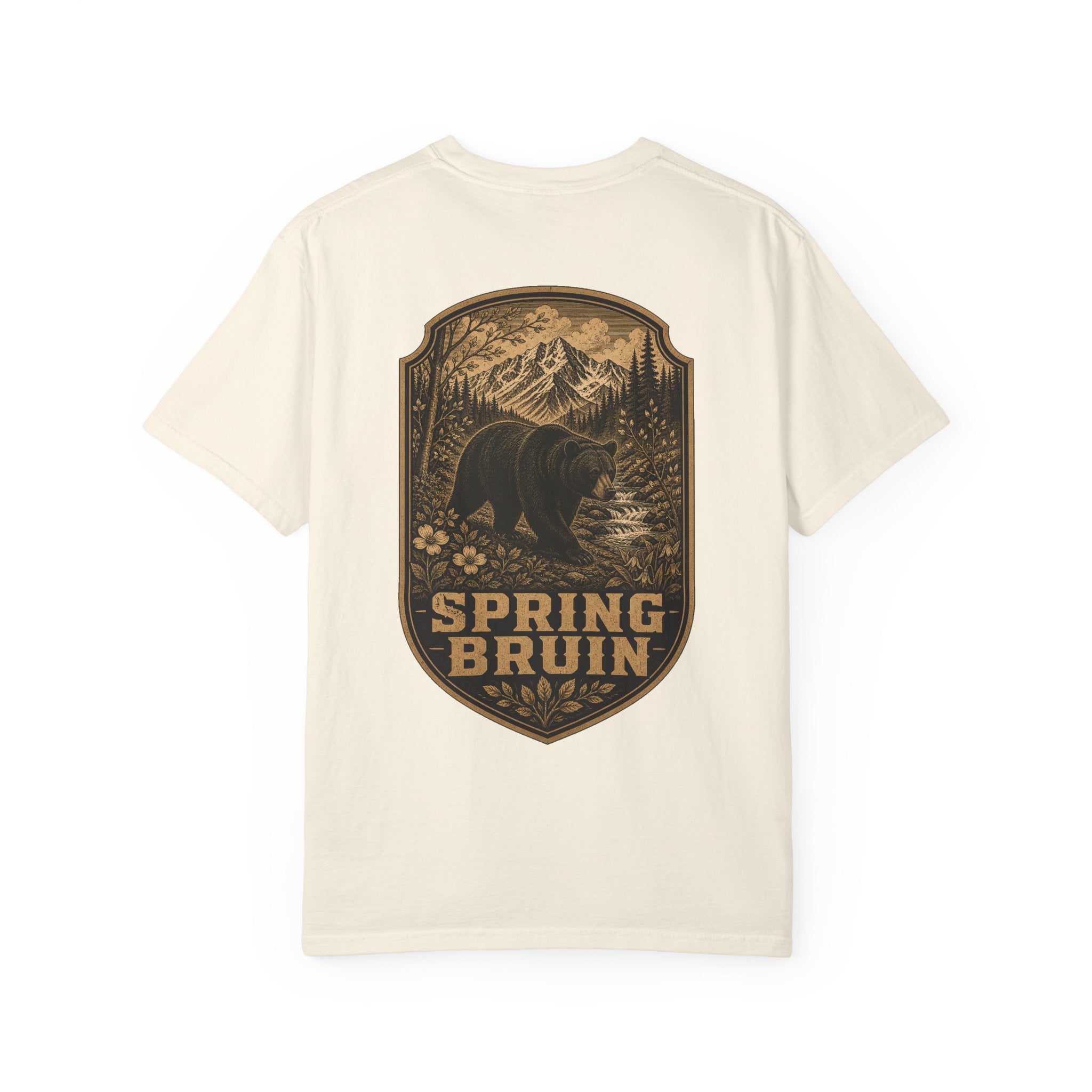 Spring Bruin bear graphic T-shirt | woodland mountain badge design
