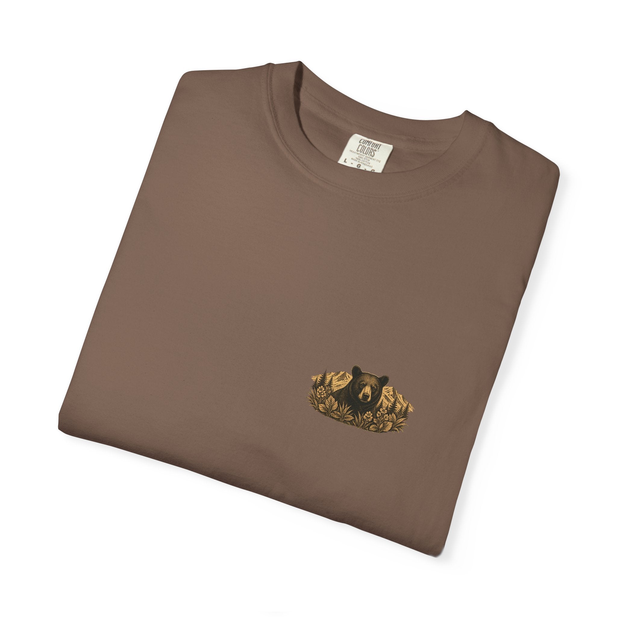 Spring Bruin bear graphic T-shirt | woodland mountain badge design