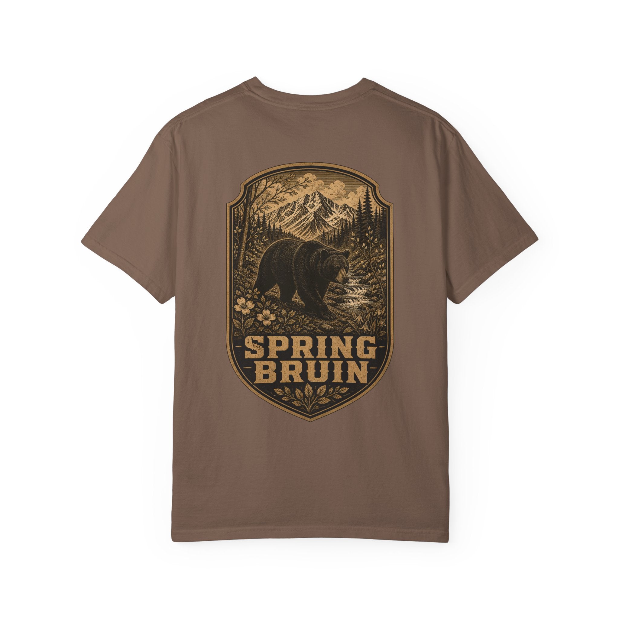 Spring Bruin bear graphic T-shirt | woodland mountain badge design