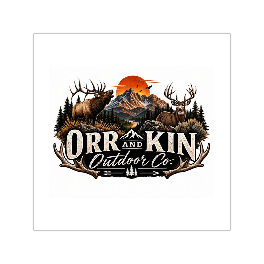 Orr and Kin Outdoor Co. Sticker | Mountain Sunset Elk Square Vinyl Sticker