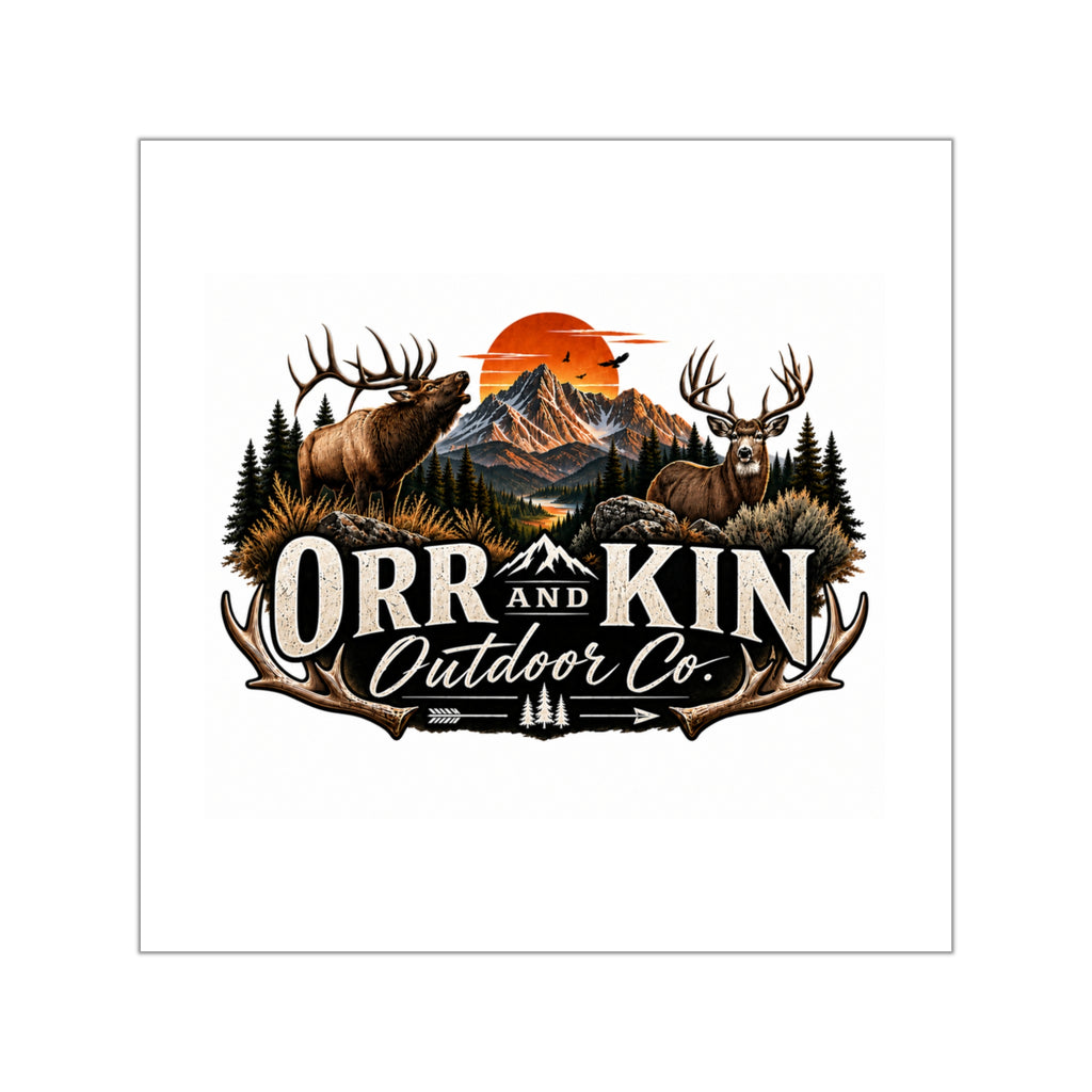 Orr and Kin Outdoor Co. Sticker | Mountain Sunset Elk Square Vinyl Sticker