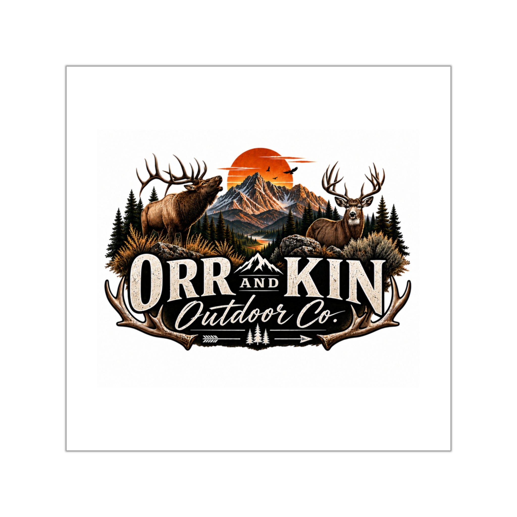 Orr and Kin Outdoor Co. Sticker | Mountain Sunset Elk Square Vinyl Sticker