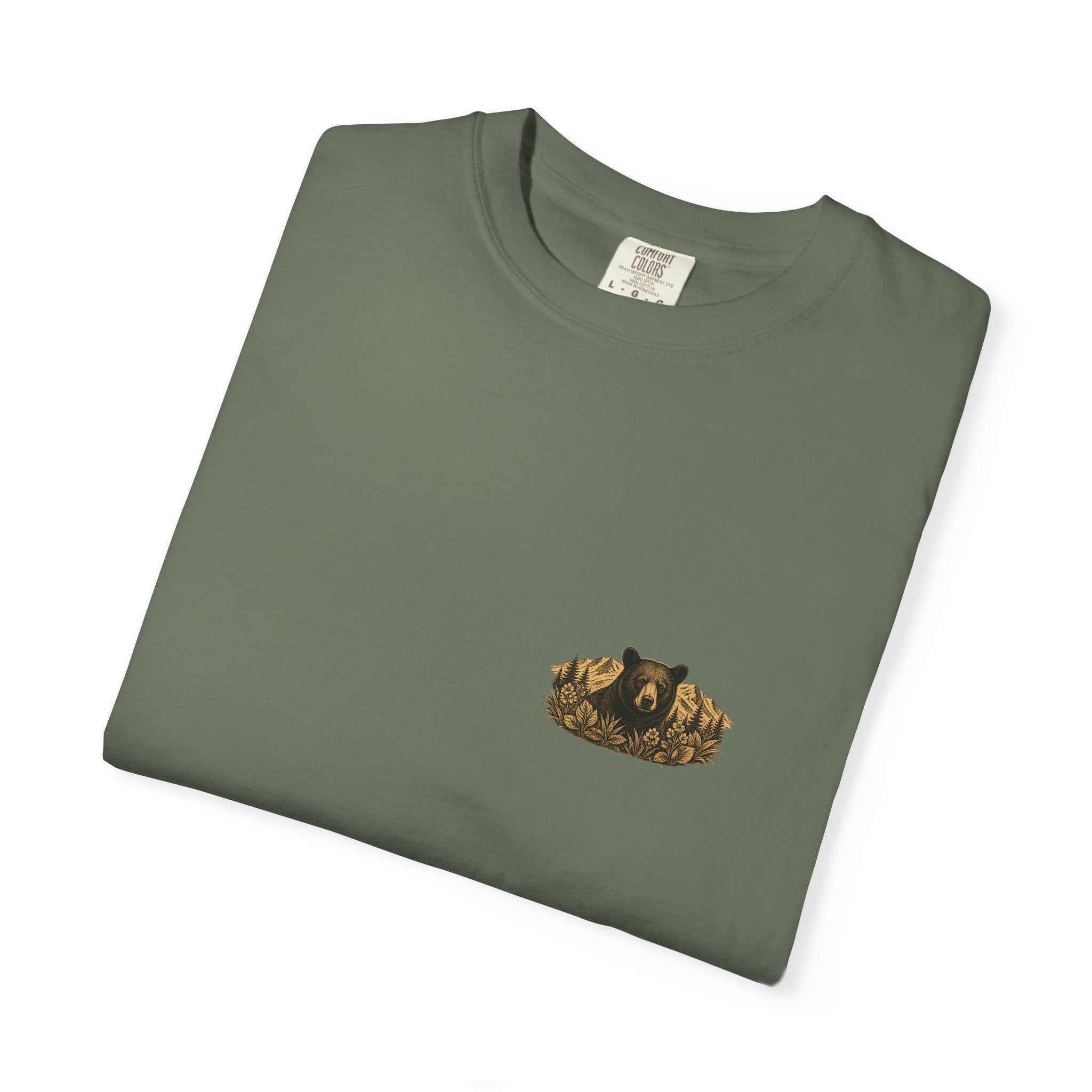 Spring Bruin bear graphic T-shirt | woodland mountain badge design