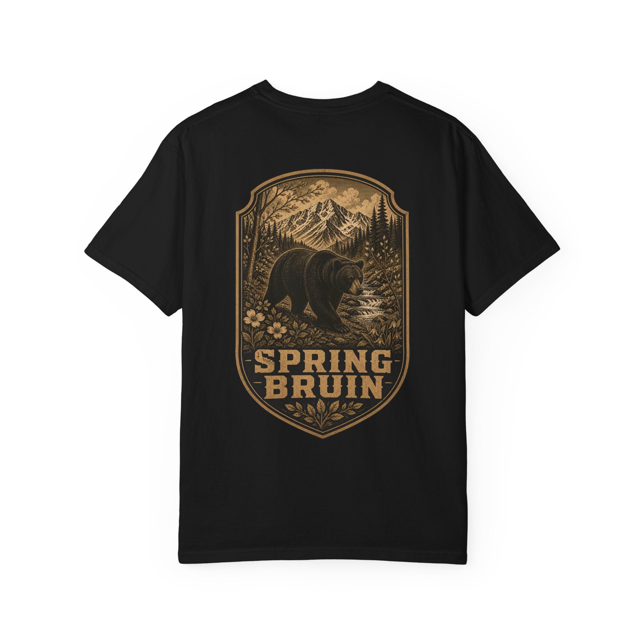Spring Bruin bear graphic T-shirt | woodland mountain badge design