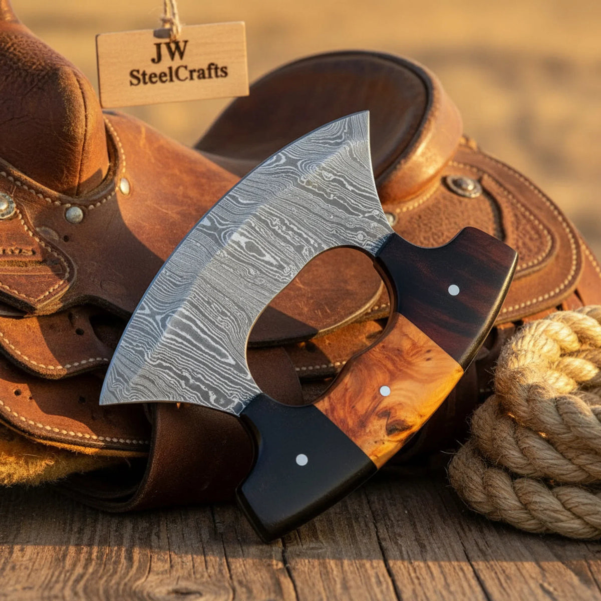 Two-Tone Damascus Ulu Knife – Wood & Resin Handle